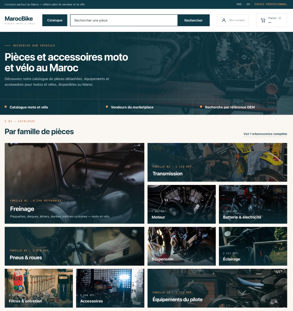 Page d’accueil MarocBike : recherche de pièces, espace professionnel et catalogue moto et vélo.
