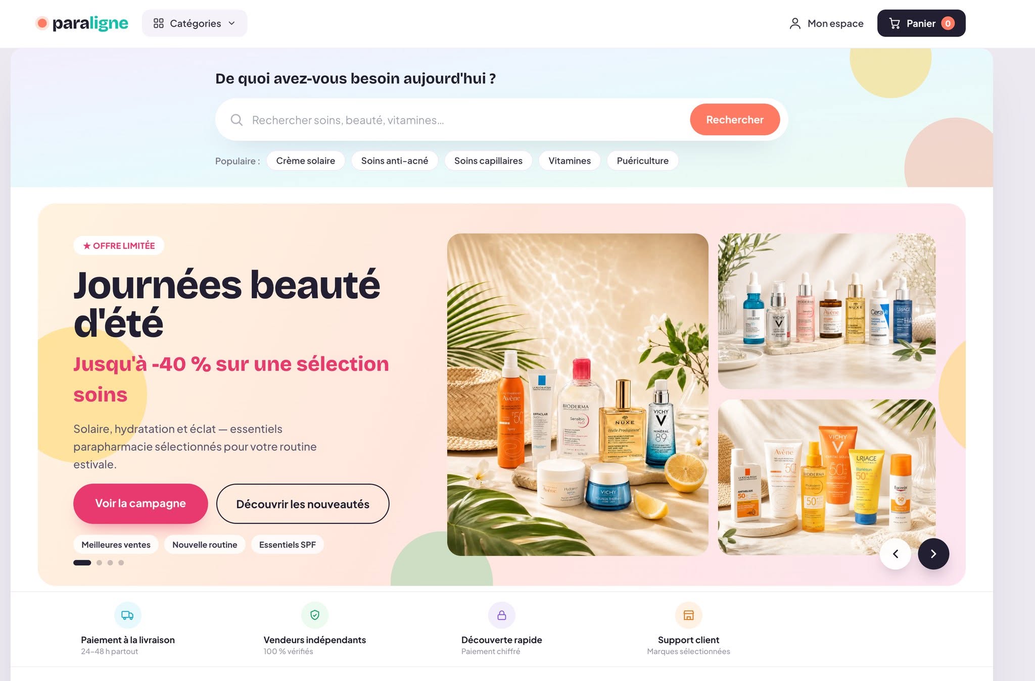 Page d’accueil Paraligne : recherche, catégories et mise en avant produits.